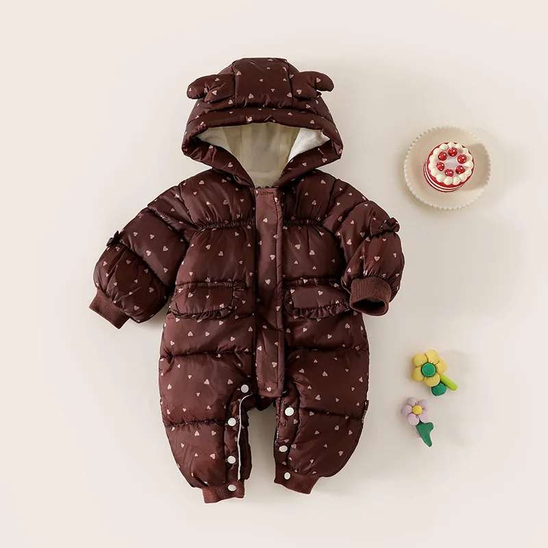 Inverno Bambini Ragazze Pagliaccetti Dot Stampato Tute con cappuccio per 0-3Y Neonate Parka imbottito in cotone Tute intere per neonate infantili 4