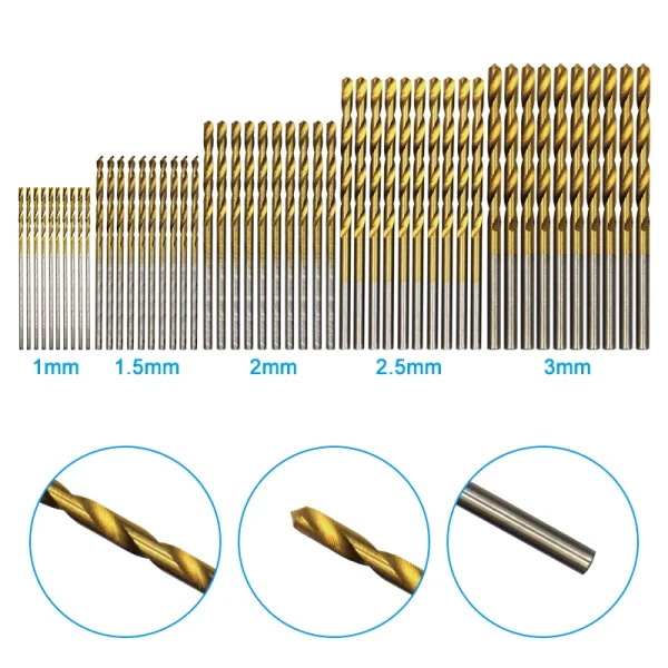 Set di punte elicoidali placcate in titanio da 50 pezzi Set di punte da trapano elettriche da 1-3 mm per trapano piccolo Set di foratura e apertura per la lavorazione del legno fai-da-te 4