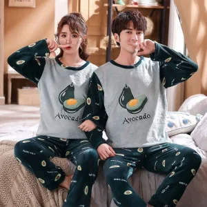 Autunno inverno donna pigiama di flanella Set Cartoon Avocado Sleepwear coppia pigiama Set Casual Lounge Wear pigiama amanti Homewear 1