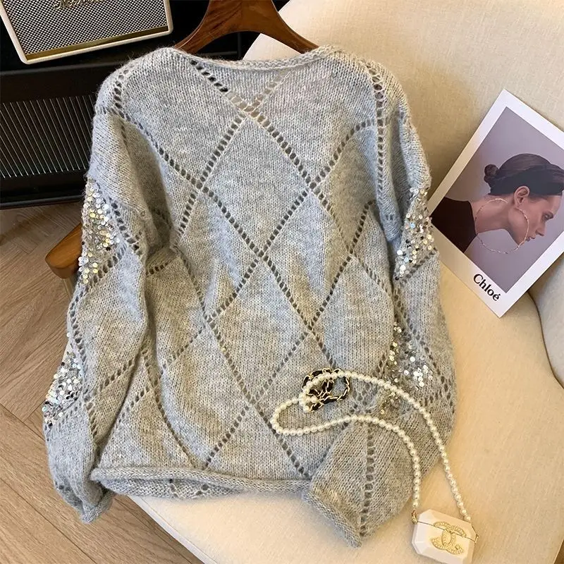2024 Primavera Autunno delle nuove donne di colore solido girocollo impiombato scava fuori paillettes moda allentato maglione a maniche lunghe lavorato a maglia top 3