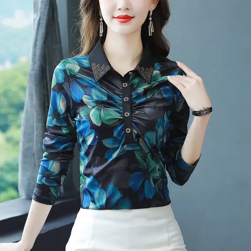 Primavera Autunno Nuova camicia base stampata con colletto polo a maniche lunghe Taglie forti Stomaco che nasconde il temperamento elegante che riduce l'età 5