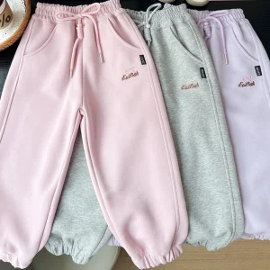 Pantaloni sportivi autunnali per neonate con coulisse lettera ricamo pantaloni sportivi per bambine semplici pantaloni per neonate per bambini in tinta unita 1