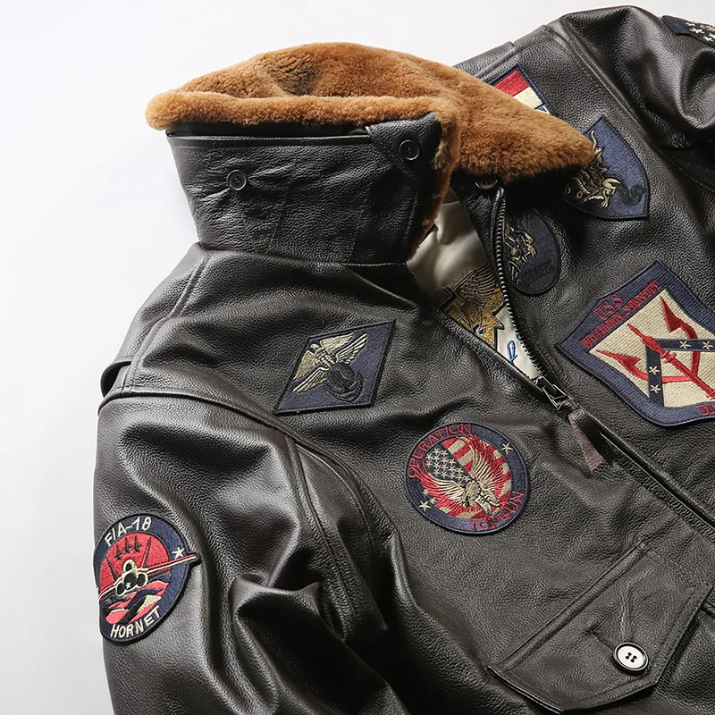 Giacche in pelle bovina Top Gun 2 Bomber in vera pelle Pilot Moto e Biker ricamo cappotto Casual da uomo Winter Cowskin collo di lana di agnello 5