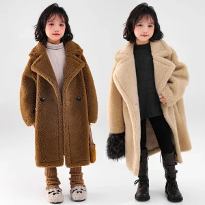 Trench invernale per bambina in pile caldo addensato per ragazza junior in pelliccia sintetica sopra cappotto colletto rovesciato cappotto di media lunghezza integrato 1
