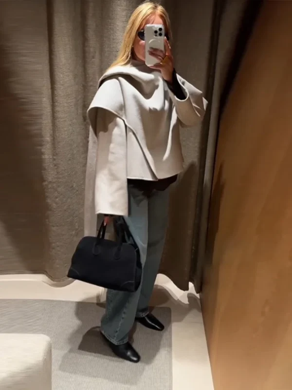 Cappotto con colletto avvolgente in misto lana beige Orlo asimmetrico Polsini svasati Allentato 2025 Autunno Elegante giacca da donna Office Chic Lady Soprabito 6