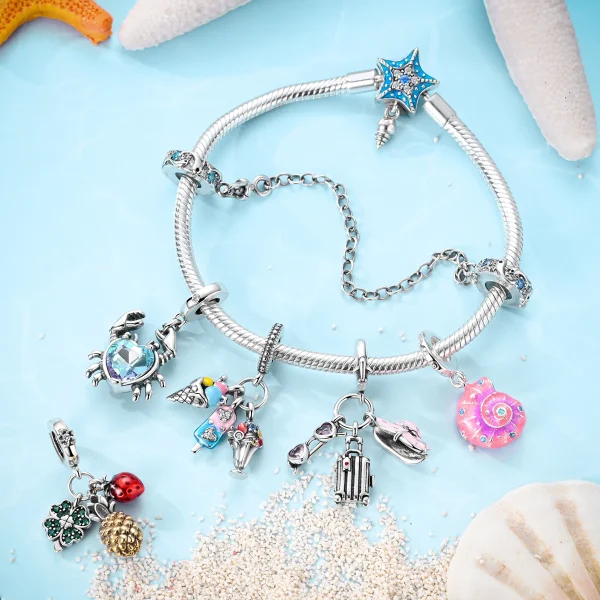 Originale argento 925 fascino estate oceano granchio tartaruga marina polpo perline braccialetto adatto ciondolo gioielli donna fai da te 3