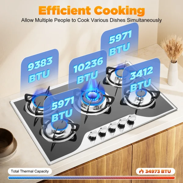 Piano cottura a gas da incasso a 5 fuochi Piano in vetro 3KW Doppio anello Ad alta potenza Risparmio energetico Efficienza 63% Stufa a gas naturale GPL 4