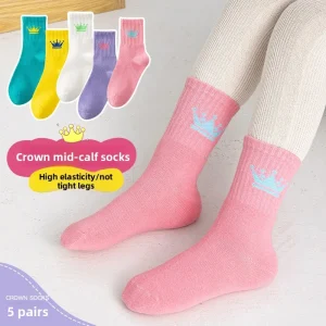 5 paia-calzini a metà polpaccio per ragazze Cartoon Crown Design 95% cotone morbido senza rilegatura calzini per bambini autunno inverno per bambini 3-12 anni 1