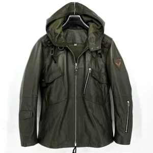Giacca da uomo in vera pelle di agnello in vera pelle di pecora militare con cappuccio per uomo primavera autunno autunno verde plus size xxxxxl 1