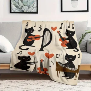 1 pezzo, coperta in pile di flanella HKSstorage 280 g/ ㎡ , Morbido e lavabile in lavatrice, design dei gatti dei musicisti, multiuso per divano, letto, viaggi 1