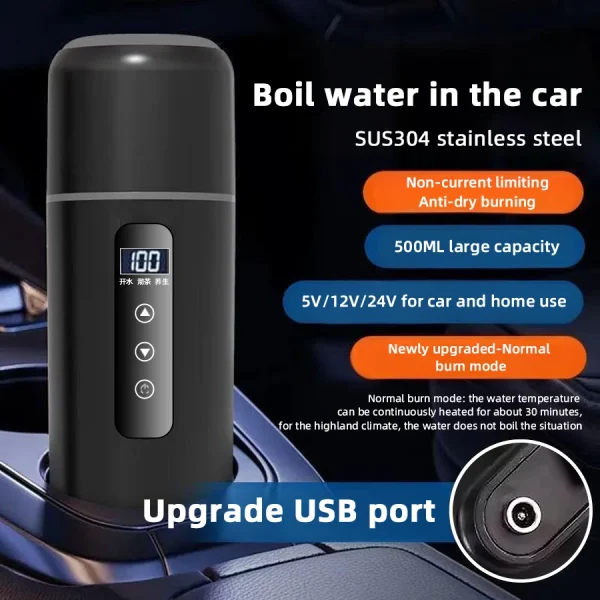 Bollitore elettrico 12V 24V tazza riscaldante per auto portatile 500 ml riscaldamento da viaggio artefatto isolante intelligente in acciaio inossidabile display OLED 5