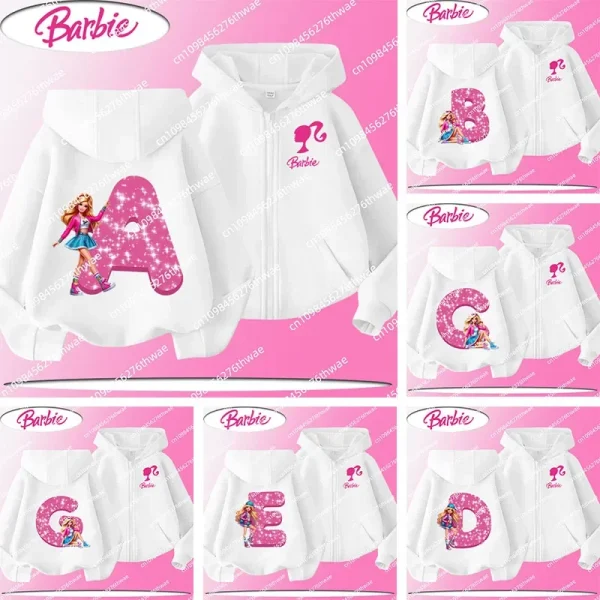 Felpa con cappuccio con cerniera per bambola Barbie per bambini con stampe di cartoni animati dell'alfabeto AZ per la primavera e l'autunno, top casual carino per ragazze 1
