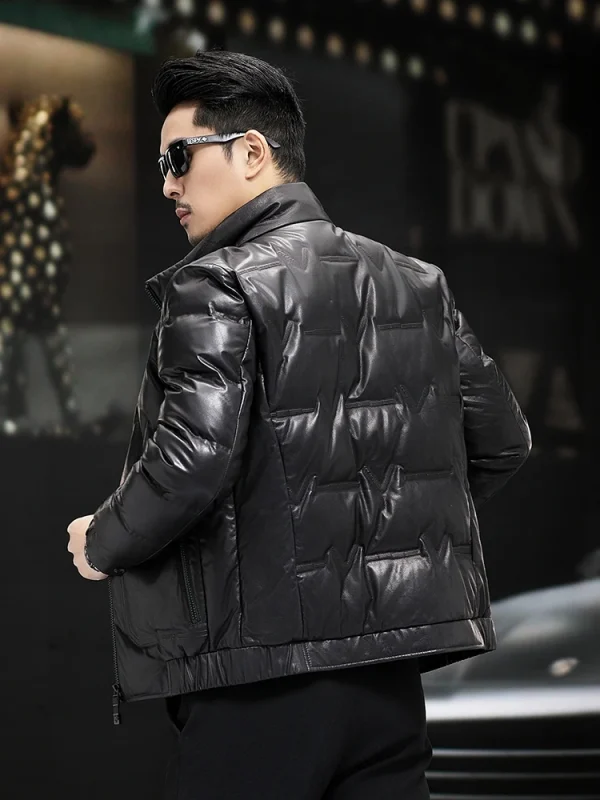Giacca in vera pelle da uomo invernale colletto alla coreana piumino d'anatra bianco lavoro d'affari soprabito caldo spesso giacca in pelle di vacchetta slim fit 3