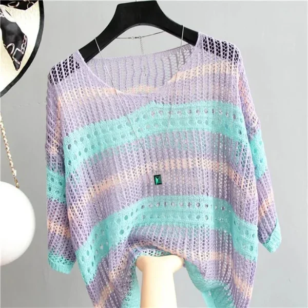 2024 Maglieria Pullover Primavera Estate Donna Maglione a righe sottili Hollow lavorato a maglia femminile Moda retrò Maglione Top Capispalla 3