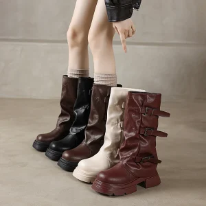 Stivali da cavaliere con fibbia pieghettata per donna Autunno Marrone PU Stivali a metà polpaccio Donna Slip-On Tacco spesso Equitazione Botas Mujer 2024 1