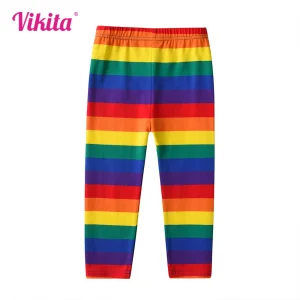 VIKITA Kids Rainbow Print Leggings colorati ragazze cotone Casual Daily School Pencil Pants ragazze pantaloni Skinny moda a righe 1