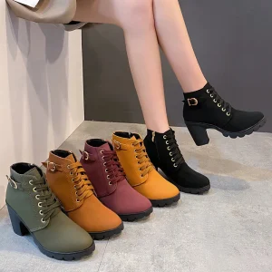 Spring and Autumn paragraph High Heels Belt Buckle Single Boots Thick Heels Short Boots Round Head Lace and Bare Boots 1