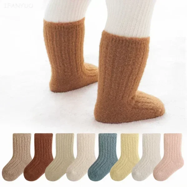 Autunno Inverno Nuovi Calzini per bambini Addensare Velluto Terry Neonato Ragazzo Ragazza Calze calde Solido lavorato a maglia Infantile Bambini Tubo centrale Socken 3