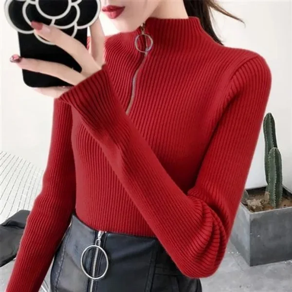 Maglione da donna lavorato a maglia con cerniera a collo mezzo alto Pullover Autunno Inverno Maglioni da donna basic Slim Maglieria solida Pull Femme Top 6