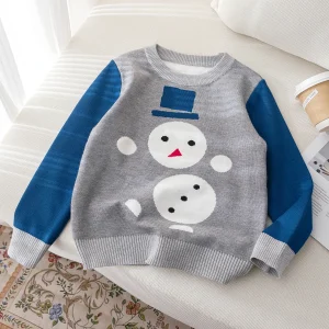 Maglione da ragazzo con cappello da pupazzo di neve in stile carino, pullover lavorato a maglia adatto per il tempo libero quotidiano in primavera, autunno e inverno 1
