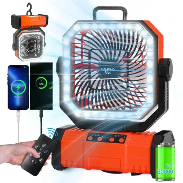 Ventilatore da campeggio con ventola alimentata a batteria da 20000 mAh con 360 °   Gancio per appendere la rotazione per tende da pesca Ventilatore da soffitto da campeggio ricaricabile da scrivania 2