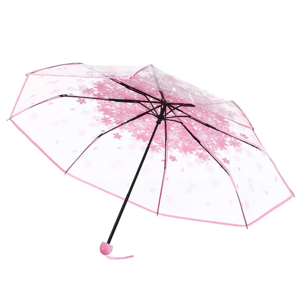 1 pz portatile carino fiore pioggia per uso domestico fiore di ciliegio ombrello trasparente protezione dal vento e dalla pioggia ombrello in PVC 3 pieghe 3