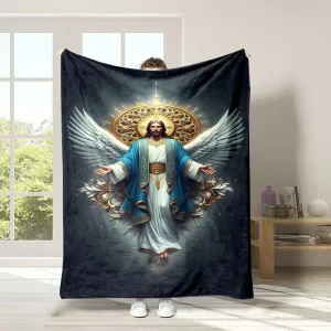 Accogliente coperta in flanella con stampa Gesù Cristo – Morbida coperta reversibile con design angelico per casa, ufficio o viaggi – Regalo perfetto 1