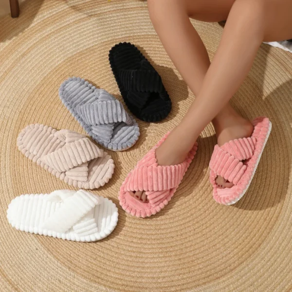 Pantofole da casa con fascia incrociata in velluto a coste moda Donna Primavera Autunno Scivoli in peluche caldi Pantofole da donna in cotone con suola morbida per camera da letto interna 2