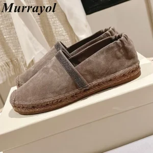 Mocassini con decorazioni per perline con punta tonda Scarpe basse in pelle scamosciata di mucca da donna Primavera Autunno Scarpe da ufficio versatili Scarpe singole retrò 1