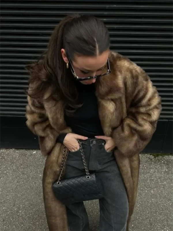 Cappotti lunghi da donna in pelliccia sintetica Cappotto allentato a maniche lunghe con risvolto Lady Nuovo quotidiano elegante Casual High Street Capispalla invernale caldo 2025 6