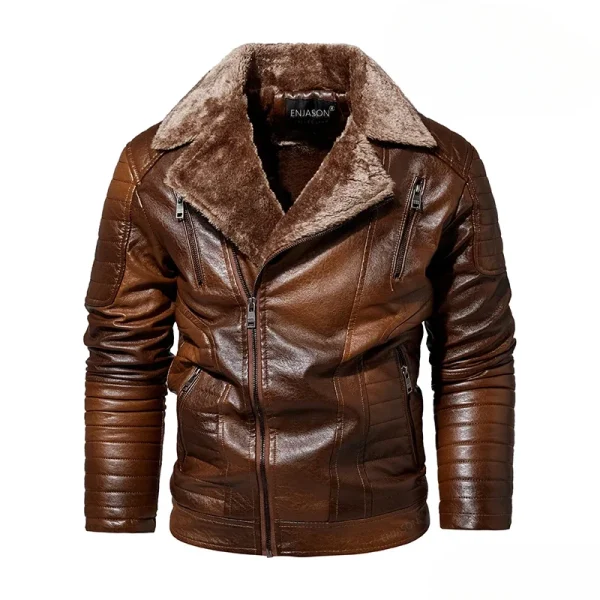 Giacca in pelle da uomo Autunno e inverno Nuovo design con cerniera inclinata in tinta unita Cappotto da viaggio con risvolto da uomo Abbigliamento in pelle calda 3