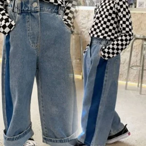 Coreano Per Bambini Ragazze Alla Moda Jeans Autunno A Vita Alta Solido Infantile Babys Ragazze Pantaloni In Denim Allentati 3-8Y Bambini Ragazze Pantaloni a Gamba Larga 1
