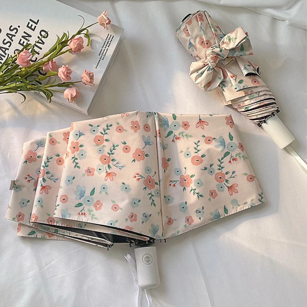 Ombrello automatico pieghevole a doppio scopo con fiori freschi e pioggia per ombrellone da donna con protezione solare dai raggi ultravioletti 2