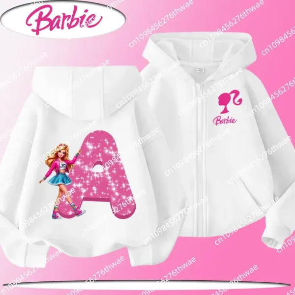 Felpa con cappuccio con cerniera per bambola Barbie per bambini con stampe di cartoni animati dell'alfabeto AZ per la primavera e l'autunno, top casual carino per ragazze 3