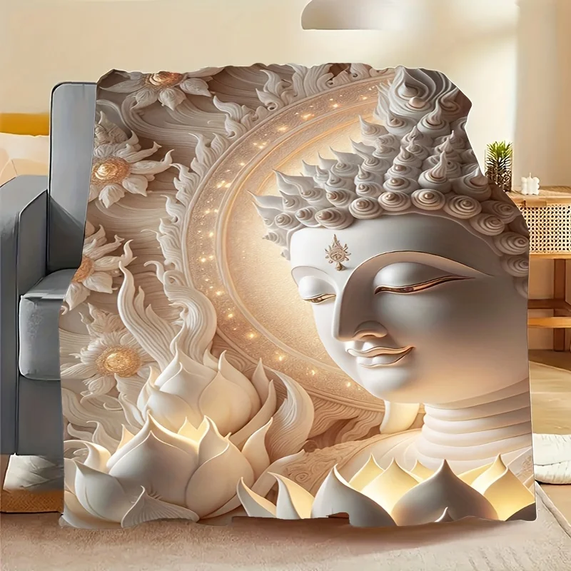 Coperta in flanella con stampa testa di Buddha sacra Zen vintage da 1 pezzo - Morbida, calda, accogliente, lavabile in lavatrice - Ideale per divano, letto, ufficio, 6