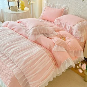 Set di biancheria da letto francese in quattro pezzi di lusso leggero, in cotone lavato, copriletto da fata di alta qualità, lenzuolo in tinta unita, copripiumino 1