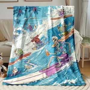 Coperta in flanella leggera ultra morbida da 1 pezzo - Scena di surf vibrante con onde e surfisti scheletrici, accogliente tiro caldo per il campeggio, T 1