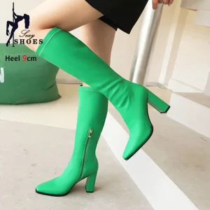 Stivali al ginocchio in pelle PU Donna Punta a punta Elastico Club Party Stivaletti con tacco 2024 Autunno Inverno Scarpe per Lady Stivali lunghi viola 1