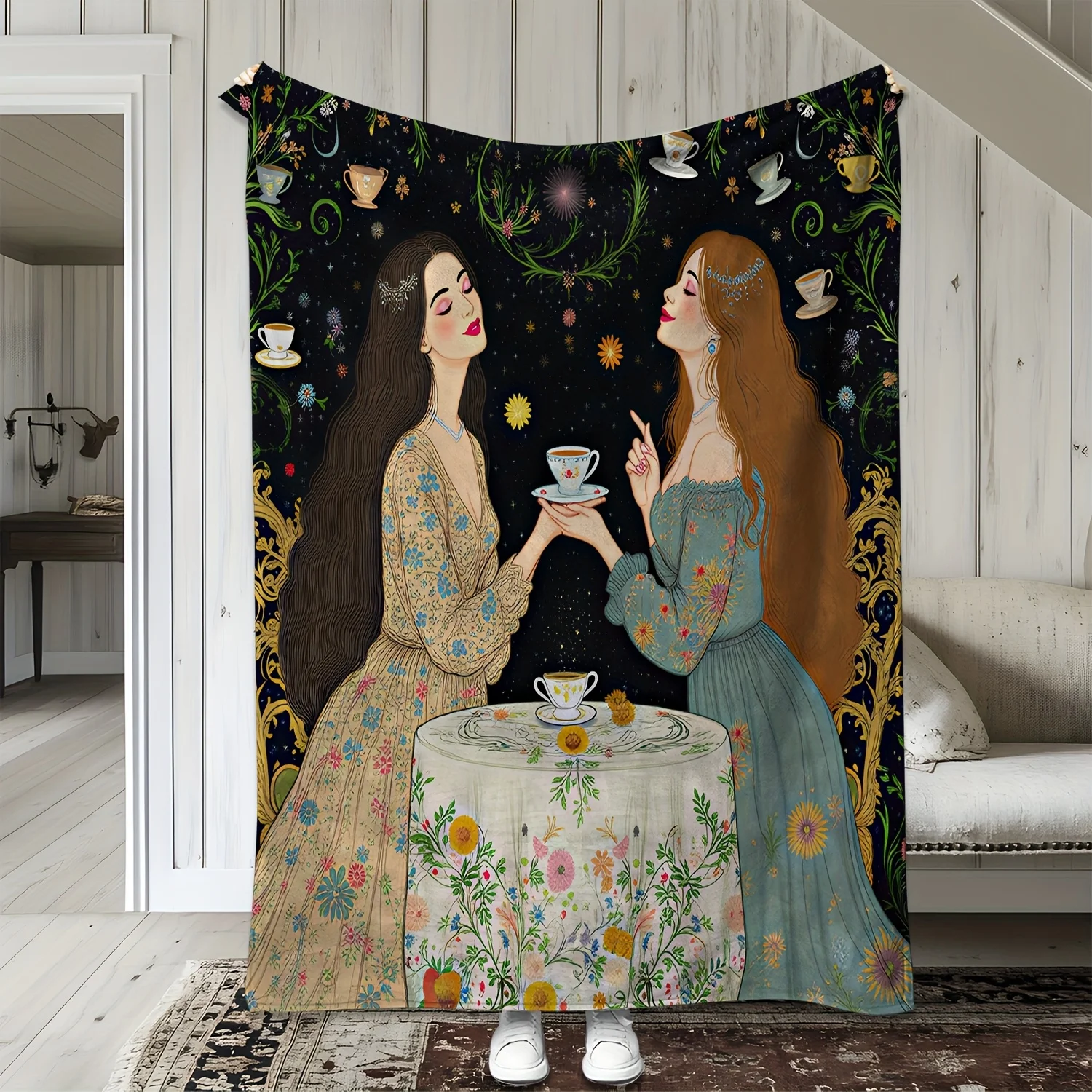 Coperta in flanella da 1 pezzo, stampa di tazze da tè vintage, design elegante da donna che beve insieme, caldo e morbido per divano, letto, auto, ufficio 5