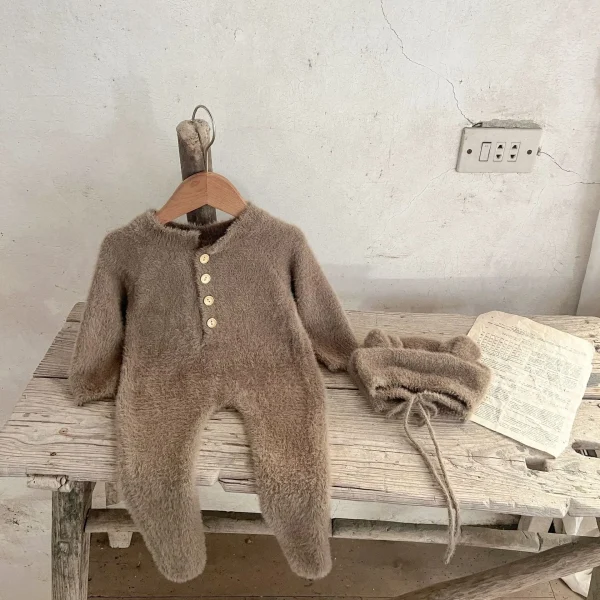 2025 Autunno Inverno Nuovo in Bambini Neonate Ragazzi Set di abbigliamento carino, Pagliaccetto + Cappello per legare i piedi in pelliccia di visone per neonato 6