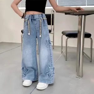 UNITIM Primavera Autunno Infantile Neonate Jeans Elastico in Vita Stella Stampa Bambino Bambini Ragazze Pantaloni Lunghi Solido Ragazze Pantaloni di Jeans Allentati 1