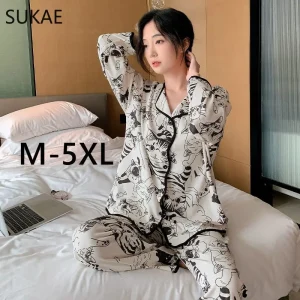 SUKAE M-5XL Autunno Inverno Indumenti da notte da donna Vestiti per la casa Cadigan Pigiama a maniche lunghe Set Simpatico gatto stampato Lady Risvolto Pigiama 1