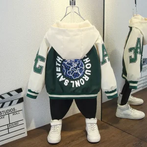 Giacca da baseball a blocchi di colore per ragazzi di moda 2025 Primavera Autunno Neonata Stampa di lettere Cappotti casual con cerniera con cappuccio Vestiti per bambini 2-12 anni 1