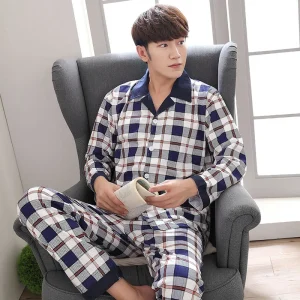 Indumenti da notte caldi di grandi dimensioni per pigiami invernali da uomo a maniche lunghe per la casa da uomo Set da 2 pezzi Abbigliamento da casa semplice scozzese con orso dei cartoni animati 1