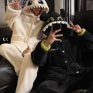 DAIMELU Toothless Boy Coppia Pigiama Donna Autunno pigiameria Coral Fleece Pile Addensato Con Cappuccio Set da notte invernale da uomo 1