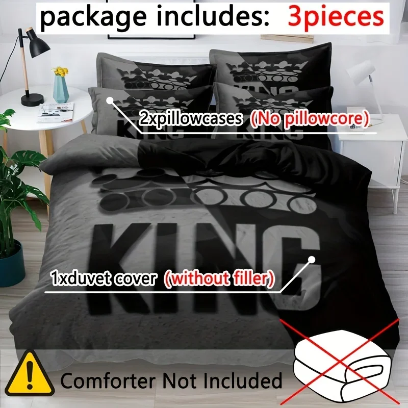 Set copripiumino con motivo letto king size grigio e nero, set di biancheria da letto con decorazione morbida e confortevole per camera da letto e dormitorio 2