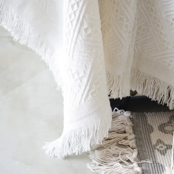 Coperte da tiro per divano nordico, campeggio all'aperto, picnic, grande coperta per il tempo libero, relax, telo mare, tappeto da viaggio bianco, nappe, lino 3