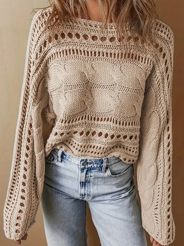 Maglioni chic scavati a maniche lunghe, top semplici alla moda con scollo a O autunnale da donna, nuovi pullover da donna larghi patchwork solido casual 1