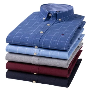 Camicie da uomo in cotone 100% Oxford maniche lunghe plaid morbido vestibilità regolare camicia formale tasca camicetta sociale abiti maschili S-7XL 1