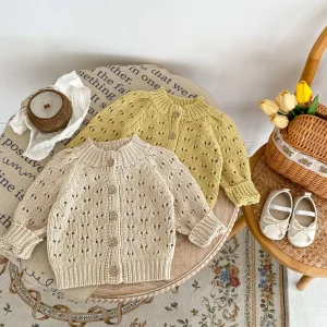 7788 maglione lavorato a maglia per bambini 2023 autunno nuovo cappotto Cardigan da bambina scavato cappotto lavorato a maglia spesso capispalla 1